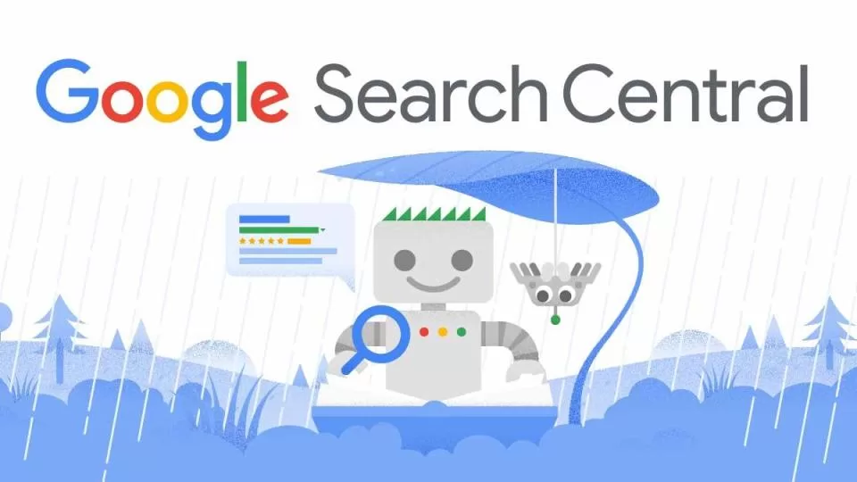 A Google Search Central logója és a Google keresőrobot-figurája nagyítóval