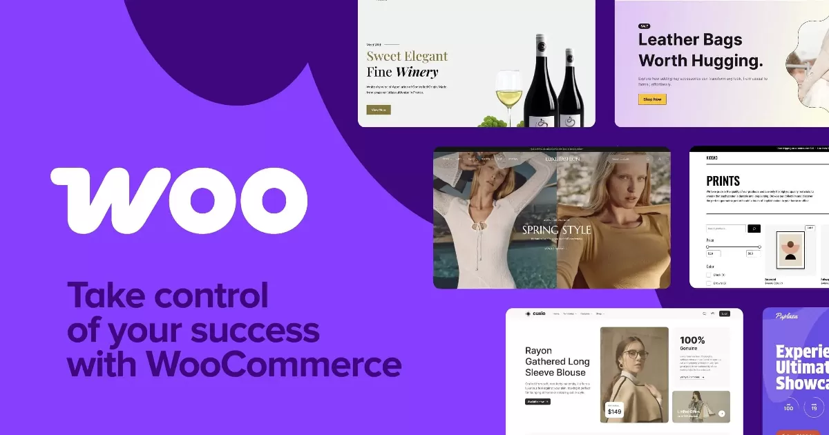 A WooCommerce logója lila háttéren, mellette webáruház-sablonok képernyőképei