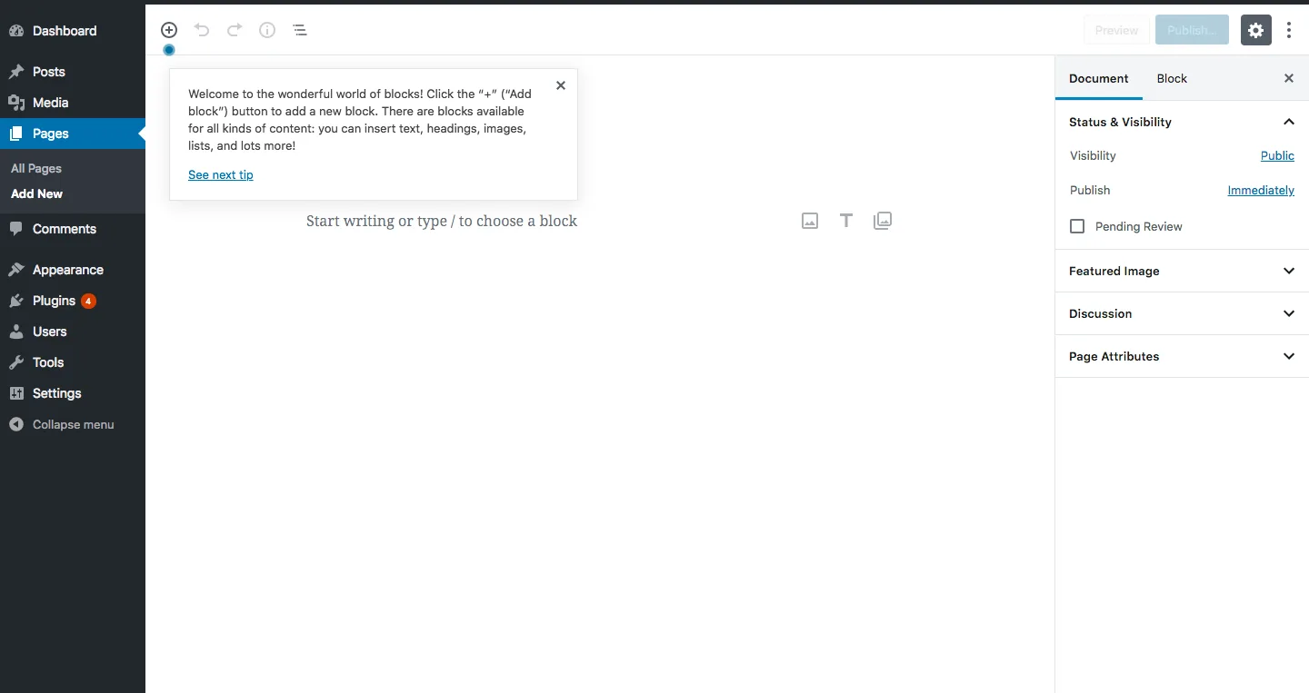 A WordPress szerkesztőfelülete egy új oldal létrehozása közben